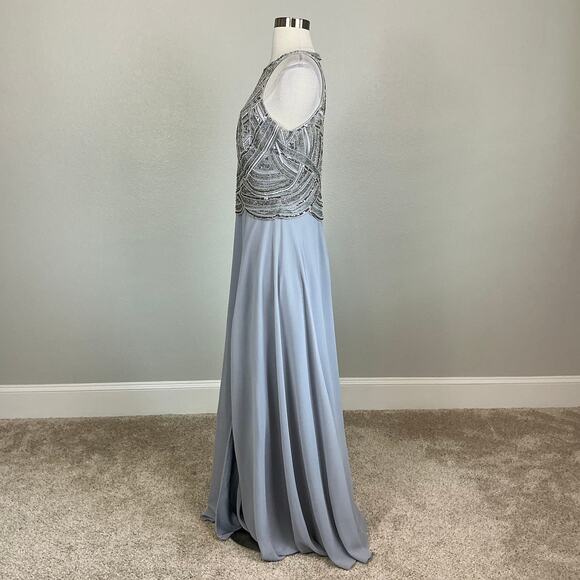 Betsy & Adam Beaded Chiffon Evening Gown Gray Size 8 Cut Out Thigh Slit Formal - Picture 6 of 13